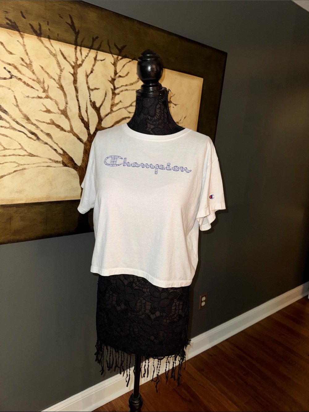 Champion White Cropped Logo Tee with Blue Script